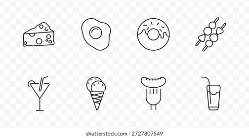Symbol für Snacks. Käsekeil, Spiegelei, Donut, Spieße, Cocktailglas, Eiscreme, Wurst, Getränk mit Stroh, alles in minimalsten Umrissen zum Thema Essen.