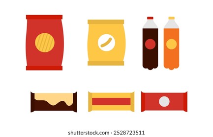 Lanches prontos. Ilustração vetorial de batatas fritas, bebidas doces, chocolate em embalagens bonitas. Mercadoria que se pode comprar de uma máquina automática.