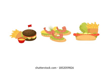 Snacks y starters como serie de vectores de restauración de comida