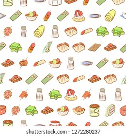Snacks and Table setting set. Background for printing, design, web. Usable as icons. Seamless. Colored.