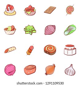 Snacks, Table setting and Vegetables set. Background for printing, design, web. Usable as icons. Colored.