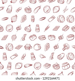Snacks, Table setting and Vegetables set. Background for printing, design, web. Usable as icons. Seamless. Binary color.