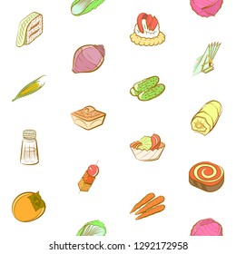 Snacks, Table setting and Vegetables set. Background for printing, design, web. Usable as icons. Seamless. Colored.
