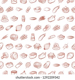 Snacks, Table setting and Vegetables set. Background for printing, design, web. Usable as icons. Seamless. Binary color.