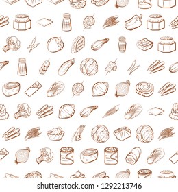 Snacks, Table setting and Vegetables set. Background for printing, design, web. Usable as icons. Seamless. Binary color.