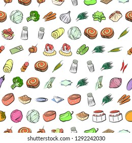 Snacks, Table setting and Vegetables set. Background for printing, design, web. Usable as icons. Seamless. Colored.