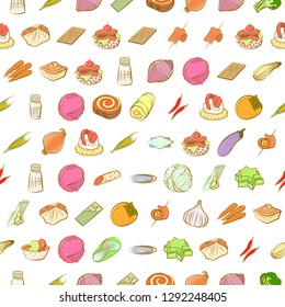 Snacks, Table setting and Vegetables set. Background for printing, design, web. Usable as icons. Seamless. Colored.