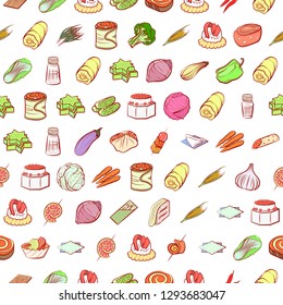Snacks, Table setting and Vegetables set. Background for printing, design, web. Usable as icons. Seamless. Colored.