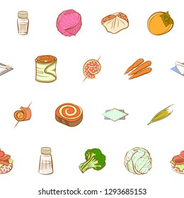 Snacks, Table setting and Vegetables set. Background for printing, design, web. Usable as icons. Seamless. Colored.