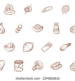 Snacks, Table setting and Vegetables set. Background for printing, design, web. Usable as icons. Seamless. Binary color.