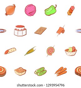 Snacks, Table setting and Vegetables set. Background for printing, design, web. Usable as icons. Seamless. Colored.