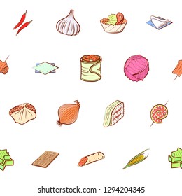 Snacks, Table setting and Vegetables set. Background for printing, design, web. Usable as icons. Seamless. Colored.