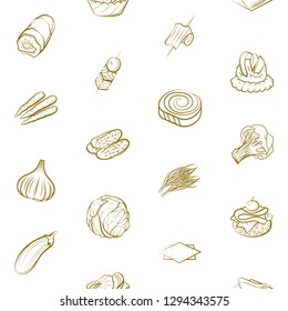 Snacks, Table setting and Vegetables set. Background for printing, design, web. Usable as icons. Seamless. Binary color.