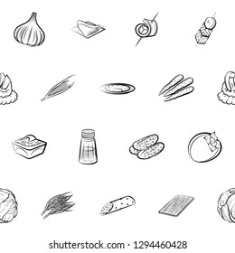 Snacks, Table setting and Vegetables set. Background for printing, design, web. Usable as icons. Seamless. Monochrome binary, black and white.