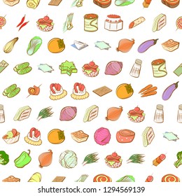 Snacks, Table setting and Vegetables set. Background for printing, design, web. Usable as icons. Seamless. Colored.