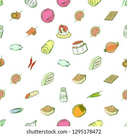 Snacks, Table setting and Vegetables set. Background for printing, design, web. Usable as icons. Seamless. Colored.