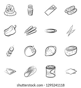Snacks, Table setting and Vegetables set. Background for printing, design, web. Usable as icons. Monochrome binary, black and white.