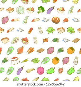 Snacks, Table setting and Vegetables set. Background for printing, design, web. Usable as icons. Seamless. Colored.