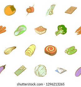 Snacks, Table setting and Vegetables set. Background for printing, design, web. Usable as icons. Seamless. Colored.