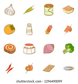 Snacks, Table setting and Vegetables set. Background for printing, design, web. Usable as icons. Colored.