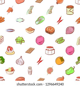 Snacks, Table setting and Vegetables set. Background for printing, design, web. Usable as icons. Seamless. Colored.