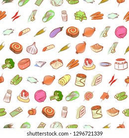 Snacks, Table setting and Vegetables set. Background for printing, design, web. Usable as icons. Seamless. Colored.