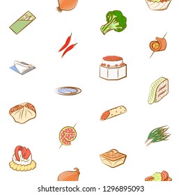 Snacks, Table setting and Vegetables set. Background for printing, design, web. Usable as icons. Seamless. Colored.