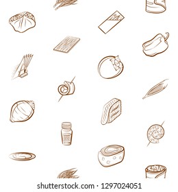 Snacks, Table setting and Vegetables set. Background for printing, design, web. Usable as icons. Seamless. Binary color.