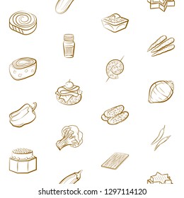 Snacks, Table setting and Vegetables set. Background for printing, design, web. Usable as icons. Seamless. Binary color.