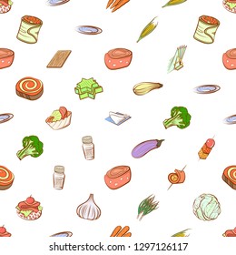 Snacks, Table setting and Vegetables set. Background for printing, design, web. Usable as icons. Seamless. Colored.