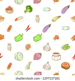 Snacks, Table setting and Vegetables set. Background for printing, design, web. Usable as icons. Seamless. Colored.