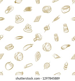 Snacks, Table setting and Vegetables set. Background for printing, design, web. Usable as icons. Seamless. Binary color.