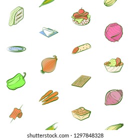 Snacks, Table setting and Vegetables set. Background for printing, design, web. Usable as icons. Seamless. Colored.