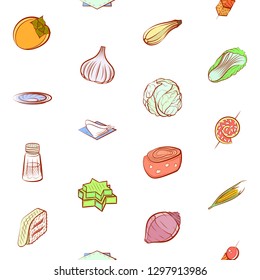 Snacks, Table setting and Vegetables set. Background for printing, design, web. Usable as icons. Seamless. Colored.