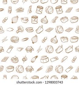 Snacks, Table setting and Vegetables set. Background for printing, design, web. Usable as icons. Seamless. Binary color.