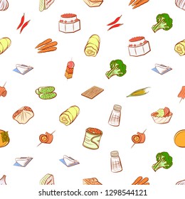 Snacks, Table setting and Vegetables set. Background for printing, design, web. Usable as icons. Seamless. Colored.
