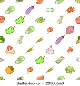 Snacks, Table setting and Vegetables set. Background for printing, design, web. Usable as icons. Seamless. Colored.