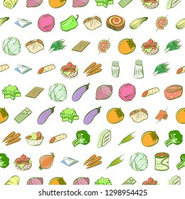 Snacks, Table setting and Vegetables set. Background for printing, design, web. Usable as icons. Seamless. Colored.