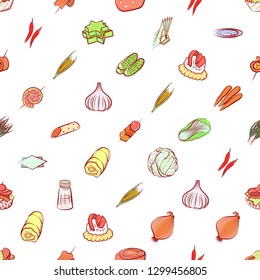 Snacks, Table setting and Vegetables set. Background for printing, design, web. Usable as icons. Seamless. Colored.