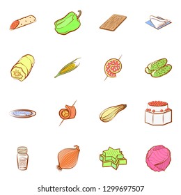 Snacks, Table setting and Vegetables set. Background for printing, design, web. Usable as icons. Colored.