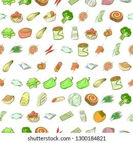 Snacks, Table setting and Vegetables set. Background for printing, design, web. Usable as icons. Seamless. Colored.