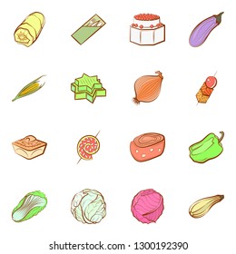 Snacks, Table setting and Vegetables set. Background for printing, design, web. Usable as icons. Colored.