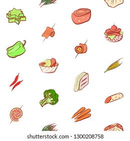 Snacks, Table setting and Vegetables set. Background for printing, design, web. Usable as icons. Seamless. Colored.