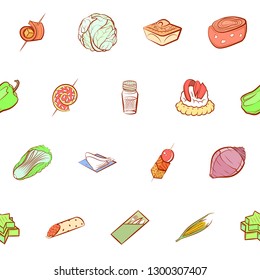 Snacks, Table setting and Vegetables set. Background for printing, design, web. Usable as icons. Seamless. Colored.