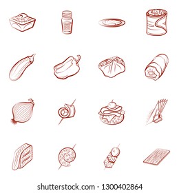 Snacks, Table setting and Vegetables set. Background for printing, design, web. Usable as icons. Binary color.