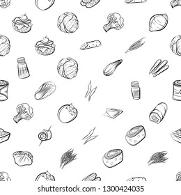 Snacks, Table setting and Vegetables set. Background for printing, design, web. Usable as icons. Seamless. Monochrome binary, black and white.