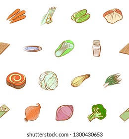 Snacks, Table setting and Vegetables set. Background for printing, design, web. Usable as icons. Seamless. Colored.