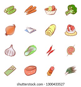 Snacks, Table setting and Vegetables set. Background for printing, design, web. Usable as icons. Colored.