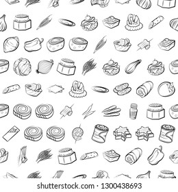 Snacks, Table setting and Vegetables set. Background for printing, design, web. Usable as icons. Seamless. Monochrome binary, black and white.