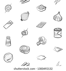 Snacks, Table setting and Vegetables set. Background for printing, design, web. Usable as icons. Seamless. Monochrome binary, black and white.